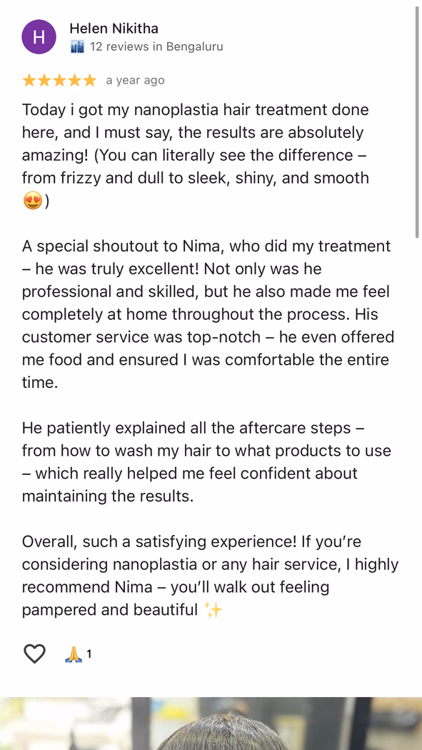 Google review — Helen Nikitha, nanoplastia hair treatment